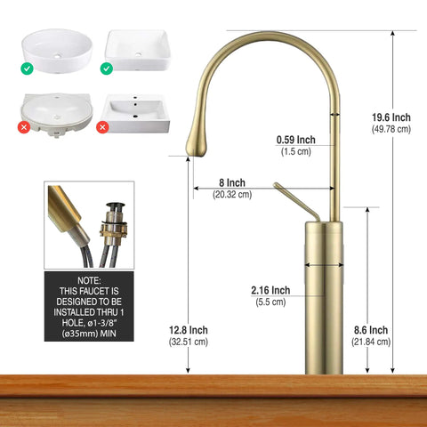 Diagram of Brushed Gold Vessel Sink Faucet With High Arc, Single Lever Handle, dimensions, and installation details.