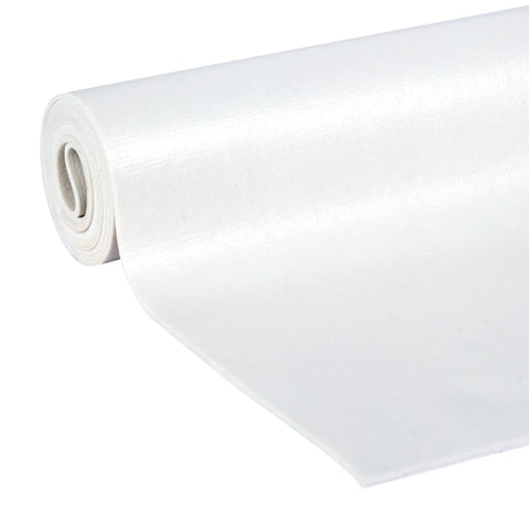 Non Adhesive Shelf Liners For Kitchen Cabinets And Pantry Wire Shelving Featuring A Solid Grip Base locking items in place, white roll.