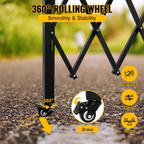 Premium Expandable Garden Fence And Portable Barricade Gate Made From Solid Heavy Duty Steel With Smooth As Butter Rolling Caster Wheels showing 360° rolling wheels for stability.