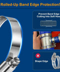 Beefy Heavy Duty Hose Clamp Kit 5/16 to 2 3/4 Inches 8 to 70mm SAE Standard 304 Stainless Steel Clamps close up of band edge and hose connection