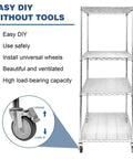 Heavy Duty 5-Tier Wire Storage Rack On Wheels, Tool-Free Assembly, Each Shelf Supports 250 Kg, shown with lockable wheels