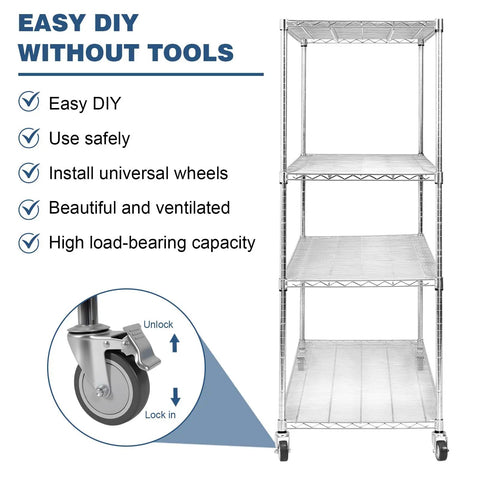 Heavy Duty 5-Tier Wire Storage Rack On Wheels, Tool-Free Assembly, Each Shelf Supports 250 Kg, shown with lockable wheels