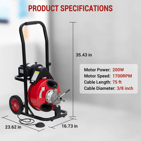 75Ft X 3/8 Electric Drain Cleaner Sewer Snake Auger 200W Manganese Steel Pipe Cleaner with specifications on display.