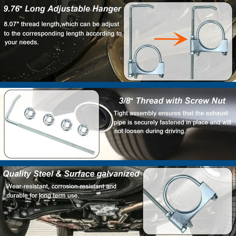 Beefy Heavy Duty Universal Exhaust Clamp With Hanger For 3 Inch Exhaust Pipes showing adjustable hanger and screw nuts