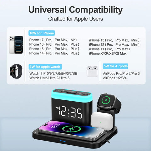 Must Have All In One MagSafe Wireless Charging Station With Alarm Clock And Night Light Five In One Dock for iPhone 17 16 15 14 13 12 Pro Max Plus Apple Watch Series 11 10 9 8 and AirPods.