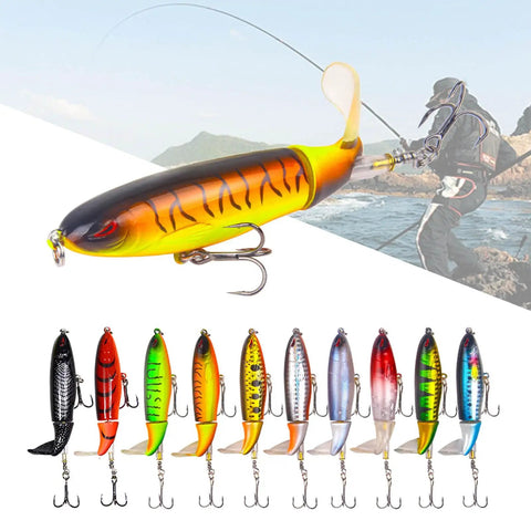 Whopper Bass Topwater Lure Kit With Floating Rotating Tail And Barb Treble Hooks, Plopper Lures For Saltwater And Freshwater, 10 colorful lures