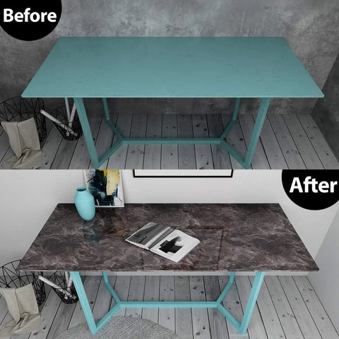 Table transformed with Black Brown Marble Peel And Stick Contact Paper For Kitchen Counters And Furniture Self Adhesive Vinyl Wrap Waterproof.