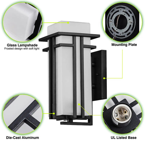 Outdoor Wall Mount Lantern One Light 12.2 Inch High Modern Exterior Porch Light With Frosted Glass Durable Die Cast Aluminum for Weatherproof Home Exterior Lighting, close-up view of frosted glass shade and die-cast aluminum body.