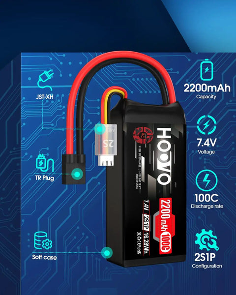 Shorty 2S 2200mAh 100C Lipo Battery 7.4V With TR Connector for FPV Racing Drones highlighted features and specifications.