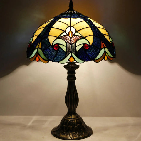 Tiffany Style Stained Glass Bedside Table Lamp With Blue And Yellow Panels, Cozy Glow Reading And Desk Light, S160E Series