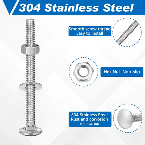 Stainless Steel Carriage Bolt Kit 50 Sets One Quarter Twenty Thread Three Inch Round Head Square Neck Bolts with hex nut
