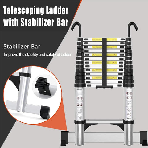 Aluminum Telescoping Ladder 8.5 Ft With Hooks And Stabilizer For Easy Extension And Folding Heavy Duty Portable Step Ladder With Safe Locking Clicks Built To Last For Home Garage And Jobsite High Reach Tasks, front view with stabilizer bar
