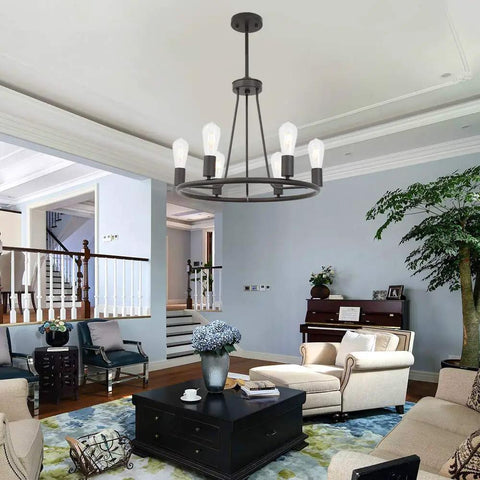 Rustic Farmhouse Round Pendant Lighting 6-Light Chandelier In Oil-Rubbed Bronze in living room setting