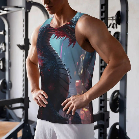 Men's Quick Dry Tank Top With Moisture Wicking Fabric, Lightweight Sleeveless Gym Shirt Featuring Dope Mechanical Dragon Graphic in Black.