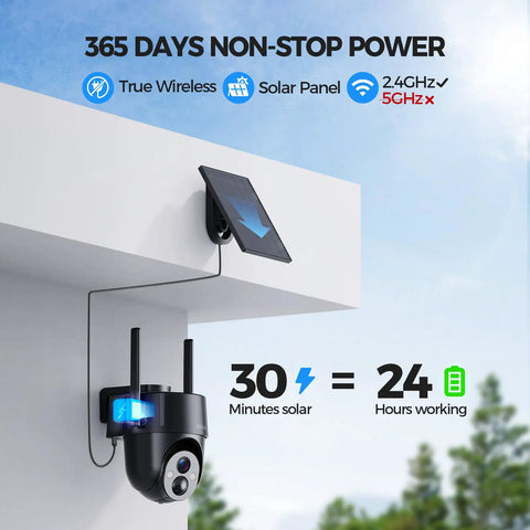 Solar Powered Outdoor Security Camera With 2K 360 Degree View Wireless WiFi Color Night Vision PIR Detection Two Way Audio Motion Alerts Easy Setup No Wires No Fuss installed on rooftop with solar panel
