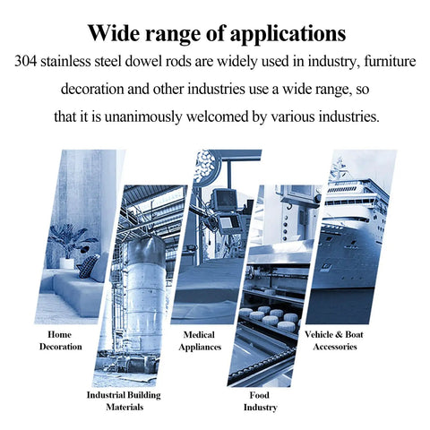 Image showing applications of 304 stainless steel dowel rods in home decoration, medical, industrial, food, and vehicles.
