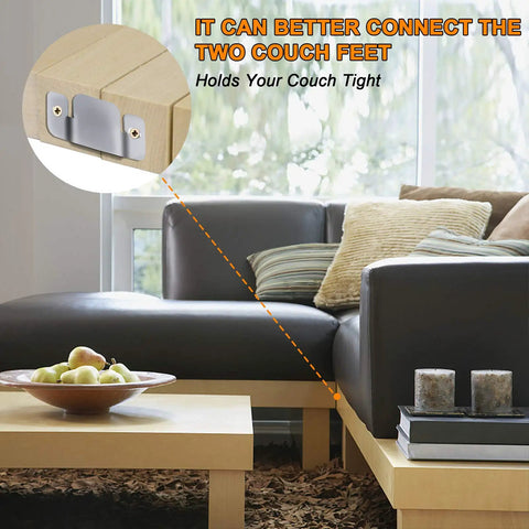 Heavy Duty Sectional Sofa Connector Brackets Keep Your Couch Locked Down Tight, metal brackets connecting couch feet securely.