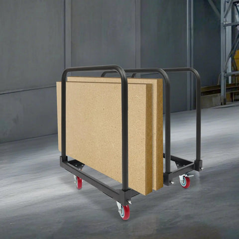 Heavy Duty 3 Pole Panel Cart With 200 Lbs Capacity Folding Table Truck and Locking Swivel Wheels carrying plywood sheets.