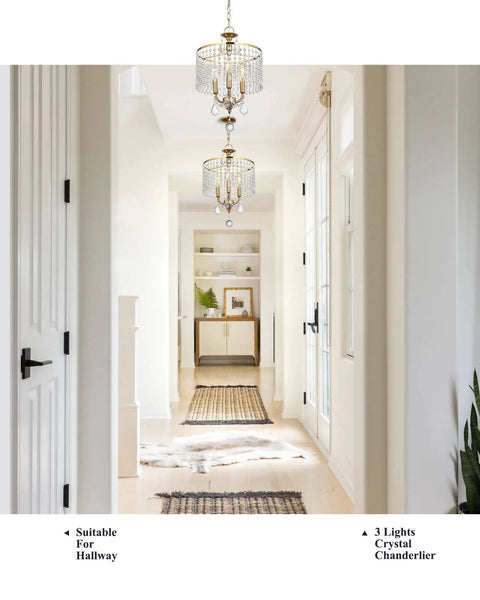 Gold Crystal Pendant Light Showstopper With 13 Inch Hanging String Modern Art Deco Chandelier in hallway view, warm gold frame.