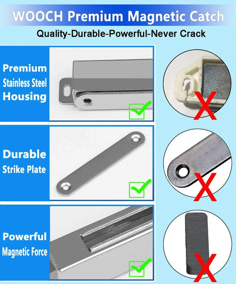 Diagram of 90lb Magnetic Door Catch Kit 2 Pack with stainless steel housing and strike plate, highlighting strong magnet and durability.