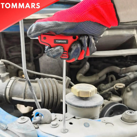 TOMMARS Nine Piece T Handle Torx Wrench Set Tamper Proof T10 To T50 Built From S2 Steel For Maximum Strength Dual Arm Design Lets You Use Short Or Long Reach In Tight Spaces Heavy Duty Pro Grade Tool Set in engine bay