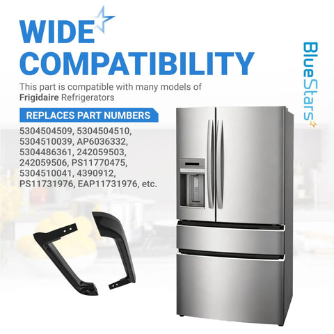 Refrigerator Door Handle Set Of 2 Replacement For 5304506471 Black Gloss Finish next to silver fridge showing compatibility