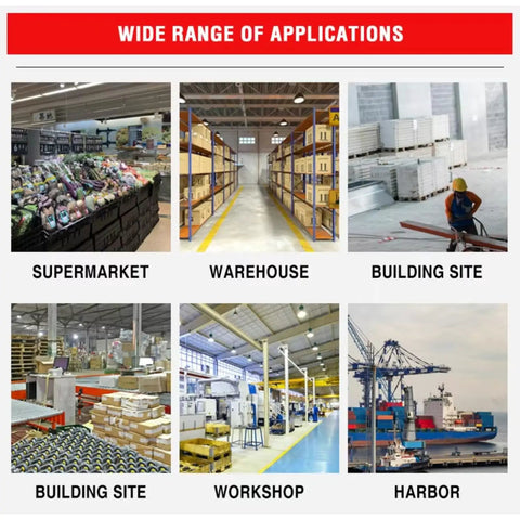 Heavy Duty Electric Forklift High Capacity Pallet Lifter With Steel Mast Anti Rust Finish For Harbor Docks And Rough Job Sites application images showcasing diverse environments like supermarkets, warehouses, and harbor.