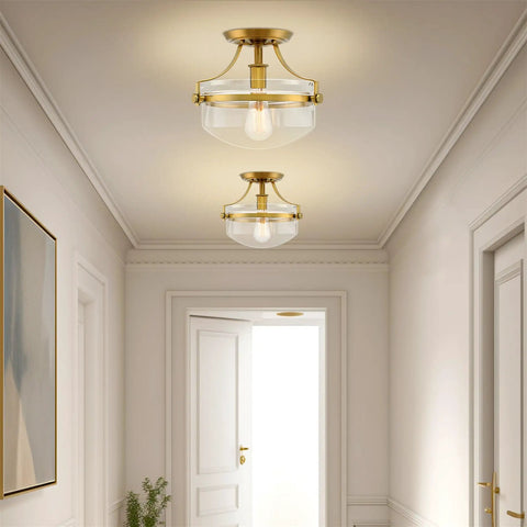 Zurich 12 Inch Rustic Semi Flush Mount Ceiling Light With Glass Shade And Oil Rubbed Bronze Finish Antique Brass Accents in hallway