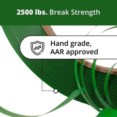 3/4 Inch X 2400 Ft Polyester PET Strapping Kit With 2500 Lb Break Strength close-up of green strap coil