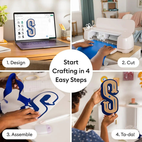 Crafting process with Maker 4 Starter Craft Bundle With All In One Die Cutting Machine, showing design, cut, assemble, and final product.