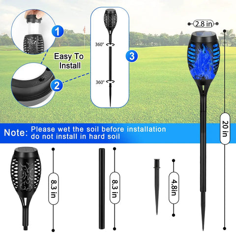 Assembly guide for 12 Pack Solar Tiki Torch Lights Outdoor Waterproof Blue Flickering Flame for Yard Garden Pathway Patio Ambiance