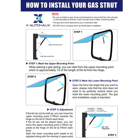 Installation guide for Bad Ass Pair 14 Inch Gas Strut Shocks with step-by-step instructions and mounting points.