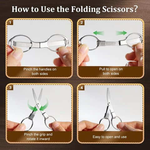 Four-step guide to using folding scissors from Mini Travel Sewing Kit For Adults And Beginners Big Eye Steel Needles For Easy Threading 43 Piece Hand Sewing Set In Ultra Compact Pocket Case Grab And Go Convenience Great For Quick Repairs DIY Craft Projects And Mending.