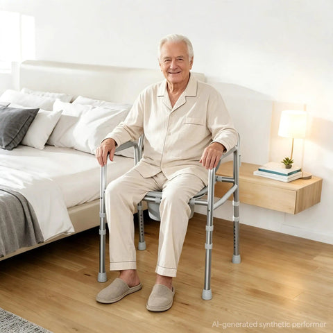 Solid As A Rock 3 In 1 Bedside Commode Toilet For Seniors Featuring Bulletproof Dual Crossbar Support And Big League Steel Frame, seated user.