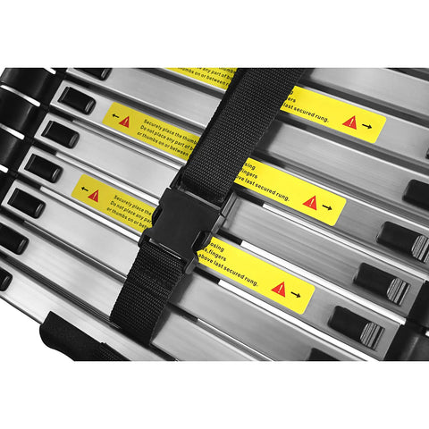 Close-up of 10.5 Ft Telescoping Aluminum Ladder With 330 Lb Capacity, Heavy Duty Extendable Step Ladder, Collapsible Locking Mechanism buckle.