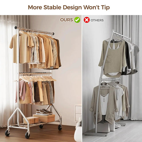 Kickass Durability Double Rod Clothes Rack, Rolling Garment Stand With Zero Hassle Setup, Heavy Duty Freestanding Closet Organizer For Bedroom Or Laundry, Space Savvy Two Tier Build In Sleek Silver with clothes hanging.