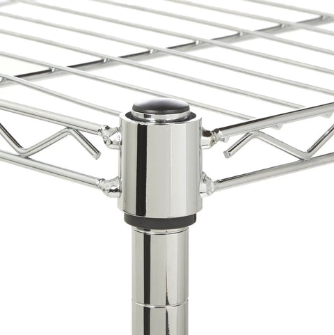 Close-up of Heavy Duty Five Shelf Chrome Wire Storage Cart With Dual Swivel Casters showcasing adjustable shelf connector.