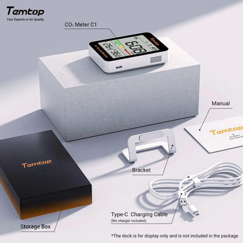 Portable CO2 Meter For Sharp Indoor Air Quality Tracks Temperature And Humidity With Smooth NDIR Sensors To Keep Your Home Or Office Vibe Fresh And Healthy No Sweat Ever At All with accessories placed on a surface.
