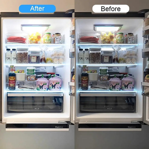 LED Refrigerator Light Bulb 4W Replacement For AC 100-265V, 580LM, 5000K Daylight White illuminating fridge interior before and after comparison