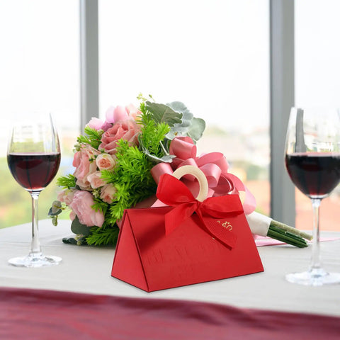 Red Valentine Day Candy Boxes With Handles Pack Of 20 Portable Paper Wrapping Boxes alongside bouquet and wine glasses