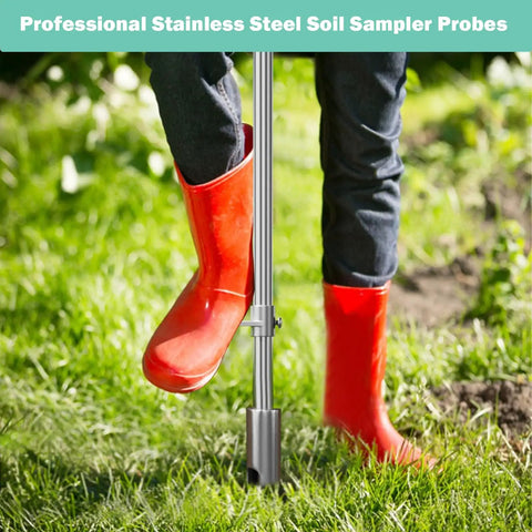 Person using 42 Inch Stainless Steel Soil Sampler Probe With Ejector Foot Pedal And Reusable Sample Bag For Lawn Garden Farm Soil Sampling Deep Core Extraction In Tough Ground And All Soil Types For Serious Gardeners And Farmers