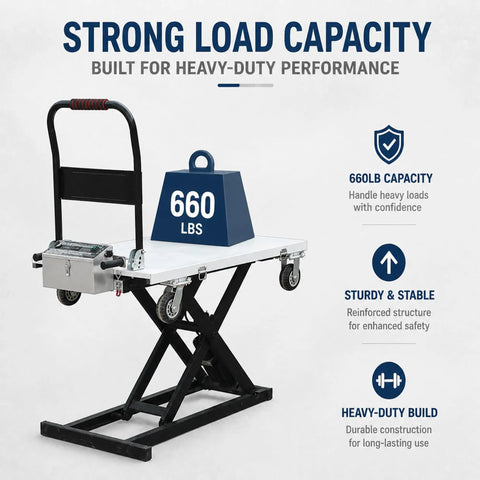 No Sweat Workhorse Electric Lift Table Cart With Automatic Hydraulic Pump And Tough 48 Volt Motor For Moving Up To 660 Pounds Smoothly Across Active Warehouse Floors Daily with 660 lb weight on platform.