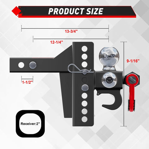Adjustable Heavy Duty Tri Ball Trailer Hitch For 2 Inch Receiver With 4.5 Inch Rise And Drop Includes One And Seven Eighths Inch, Two Inch, And Two Five Sixteenths Inch Trailer Balls Tow Hook And Shackle 10000 Lb GTW 1000 Lb TW Pin Lock And Hitch side view