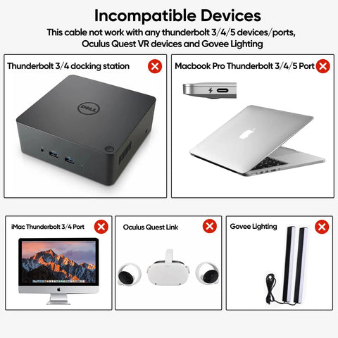 Incompatible devices for Straight Up Go Fast USB C Extension Cable 6.6 Feet Long including Macbook Pro and Oculus Quest.