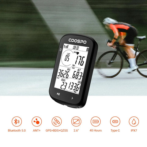 GPS Bike Computer With Wireless Cadence And Power Sensor Support 2.6 Inch display with metrics beside cyclist on road