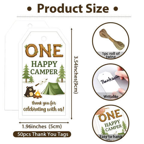 One Happy Camper 50 Pack First Birthday Thank You Tags With Twine Forest Bear Campfire Tent Theme size details and features