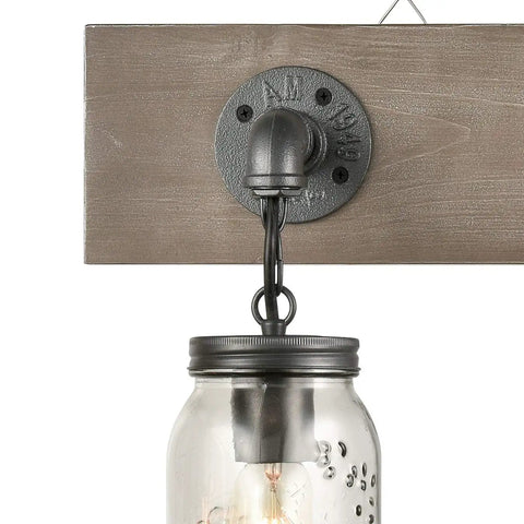 Farmhouse Style 3-Light Mason Jar Wall Sconce With Wood Base And Glass Shades For Indoor Bathroom Vanity Lighting close-up