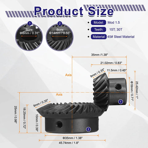 90 Degree Bevel Gear Set One To Two Ratio Two Ground Spiral Beveled Gears With 8mm And 14mm Bores Left Hand And Right Hand 15T And 30T Teeth Includes 5x2.3mm Keyways For Precision Gearbox And DIY Robotics Projects diagram