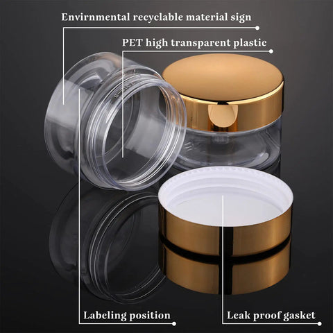Hella Durable 12 Pack Of 8 Oz Round Clear Plastic Jars With Secure Twist Lids, Premium Pet Containers For Slime, Cosmetics, Travel Kit, And Pantry Storage With Gold Caps showing transparent PET jars with gold lids and leak-proof gaskets.
