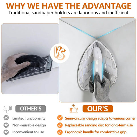 Comparison of semi circular corner sander kit with hook and loop backing vs traditional sander, highlighting functionality and design.